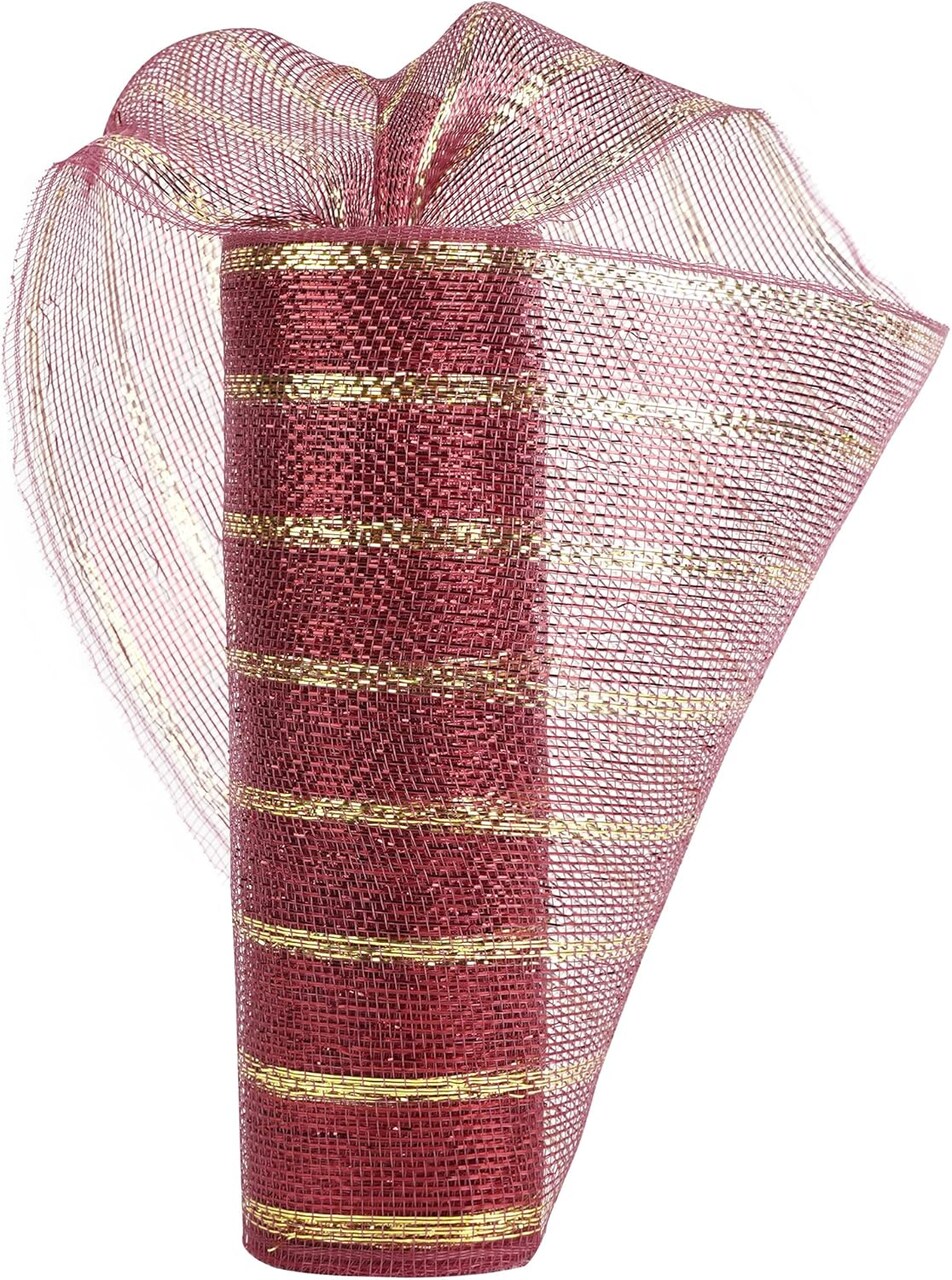 Christmas Mesh Ribbon 10 inch Wide Burgundy and Gold Deco Mesh Metallic Gold Burgundy Mesh Ribbon for Christmas Tree, Garlands, Gift Wrapping, Wreath Supplies, Bows-10 Yards